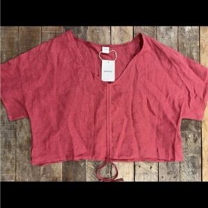 LINTICO Raspberry 100% Linen Cropped Drawstring V-Neck Blouse L, NEW w tags!